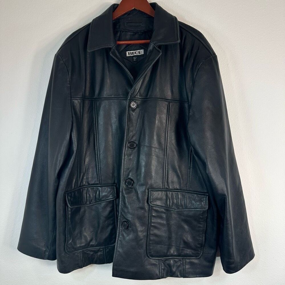 Vintage Tibor‎ Black Leather Jacket Men’s XL Pockets 90’s Biker Grunge